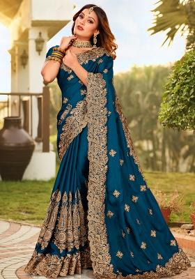 Morpeach Embroidered Pure Satin Saree Set