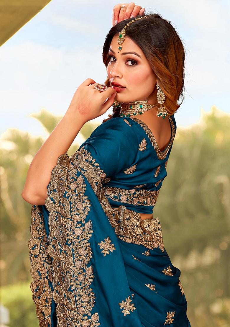 Morpeach Embroidered Pure Satin Saree Set - Indya