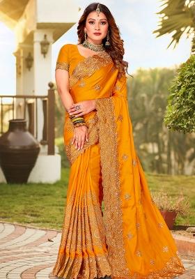 Mustrad Embroidered Pure Satin Saree Set