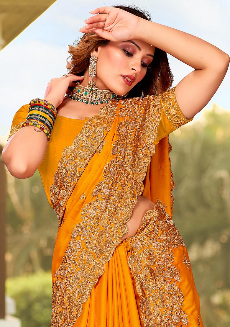 Mustrad Embroidered Pure Satin Saree Set - Indya