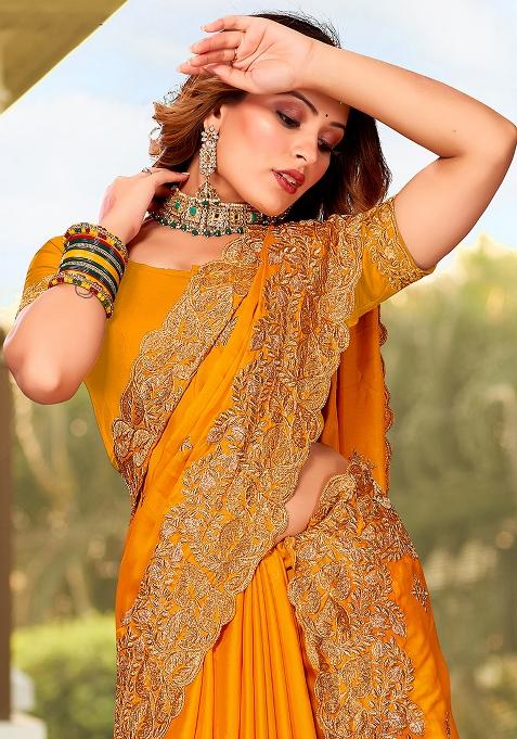 Mustrad Embroidered Pure Satin Saree Set