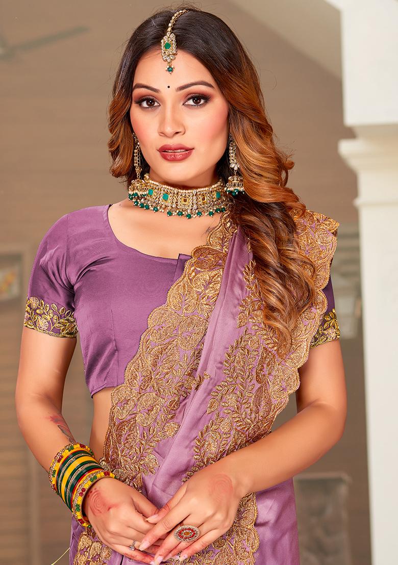 Pink Embroidered Pure Satin Saree Set - Indya