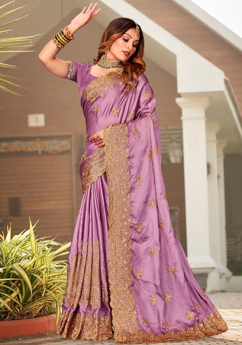 Pink Embroidered Pure Satin Saree Set