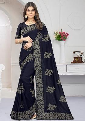 Grey Embroidered Vichitra Silk Saree Set
