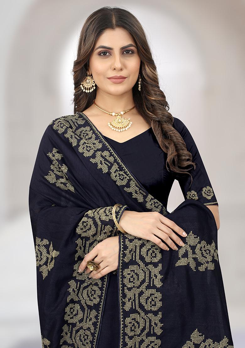 Grey Embroidered Vichitra Silk Saree Set - Indya