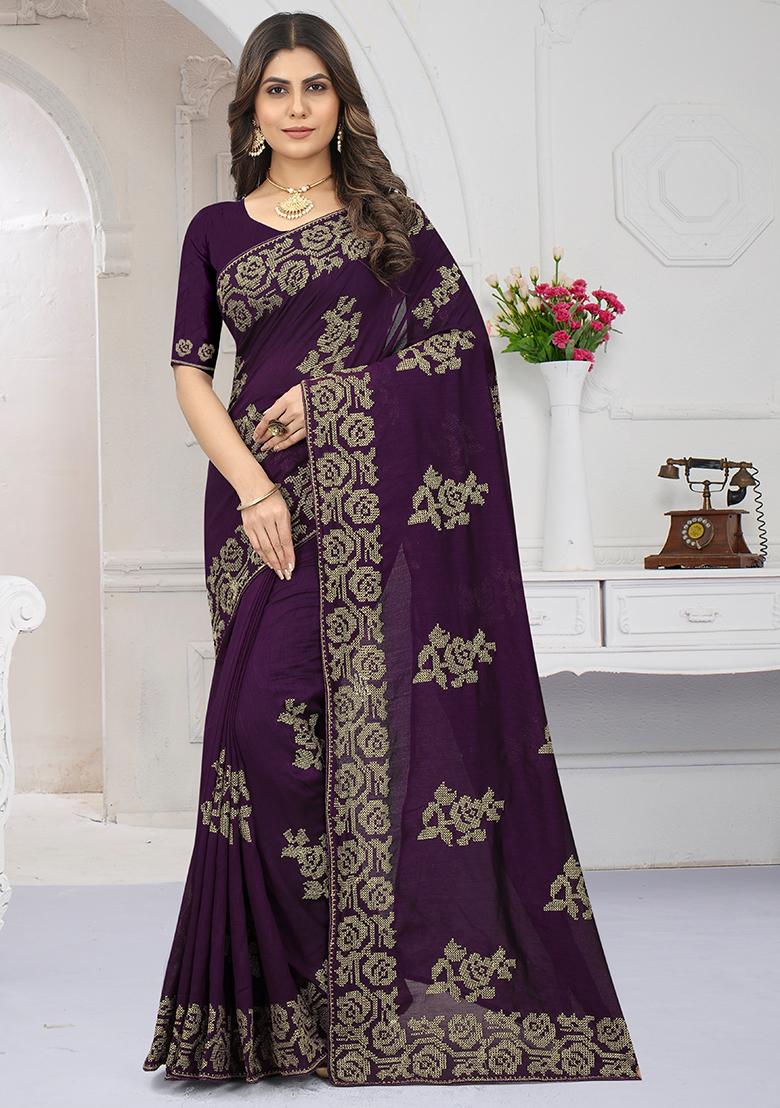 Purple Embroidered Vichitra Silk Saree Set