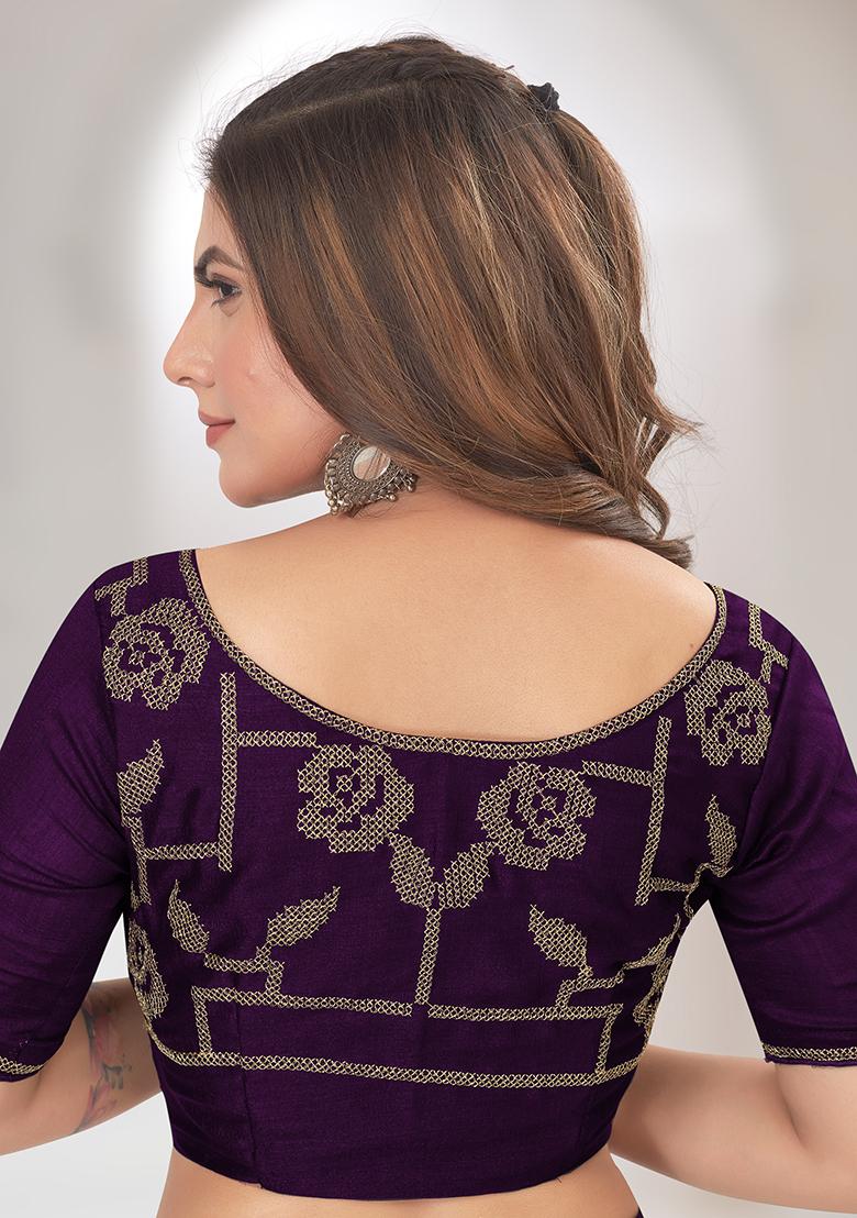 Purple Embroidered Vichitra Silk Saree Set