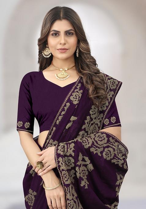 Purple Embroidered Vichitra Silk Saree Set