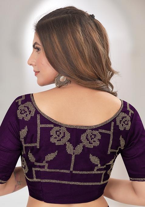 Purple Embroidered Vichitra Silk Saree Set