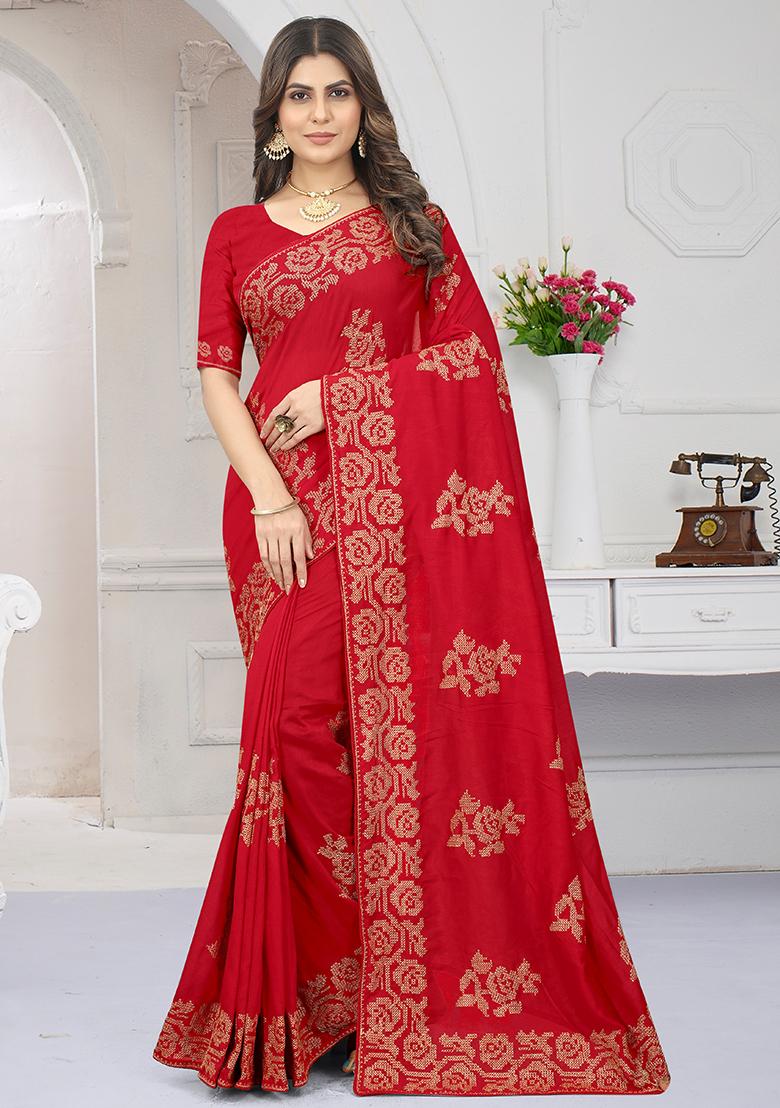 Red Embroidered Vichitra Silk Saree Set