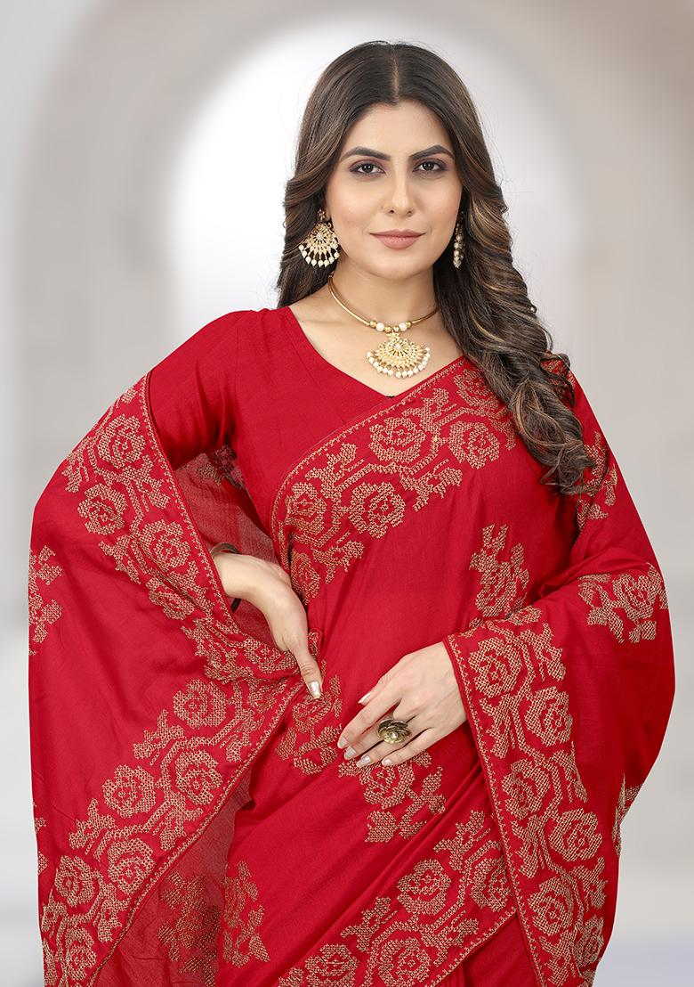 Red Embroidered Vichitra Silk Saree Set - Indya