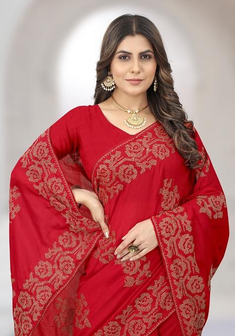 Red Embroidered Vichitra Silk Saree Set