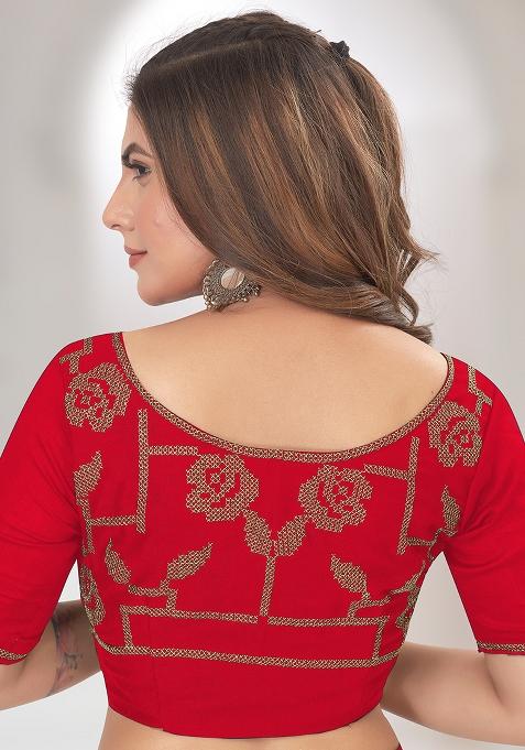 Red Embroidered Vichitra Silk Saree Set