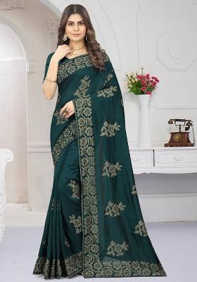 Rama Green Embroidered Vichitra Silk Saree Set