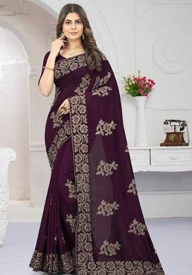 Wine Embroidered Vichitra Silk Saree Set