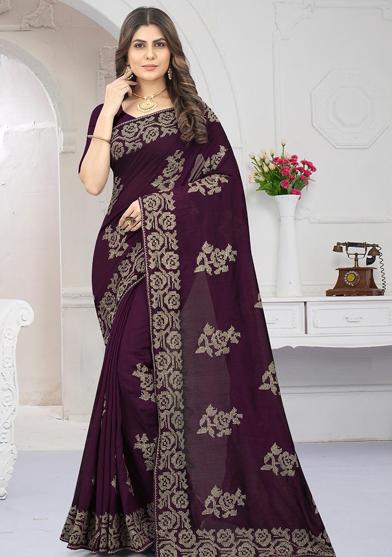 Wine Embroidered Vichitra Silk Saree Set