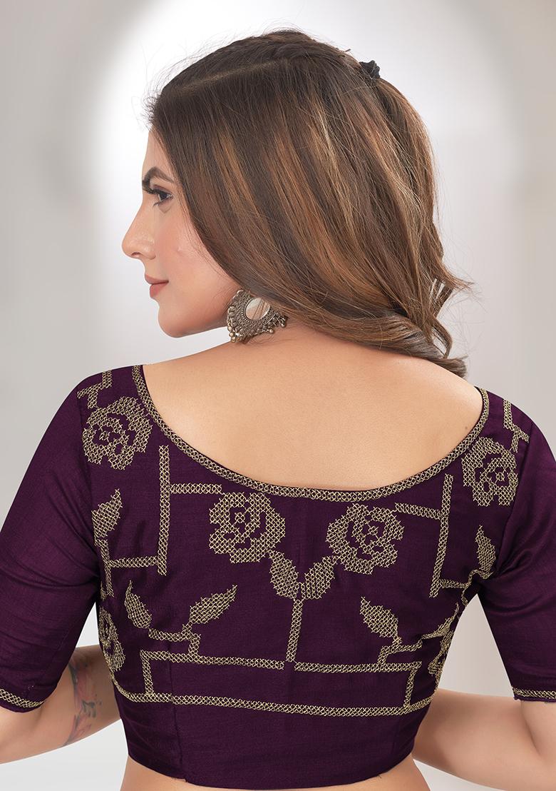 Wine Embroidered Vichitra Silk Saree Set