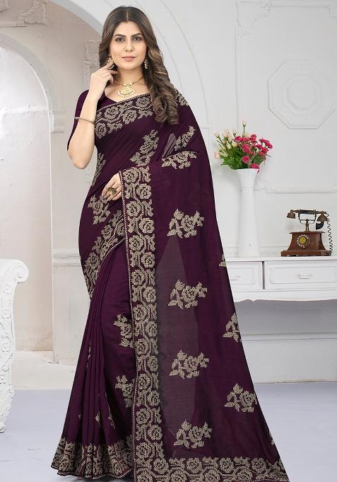 Wine Embroidered Vichitra Silk Saree Set