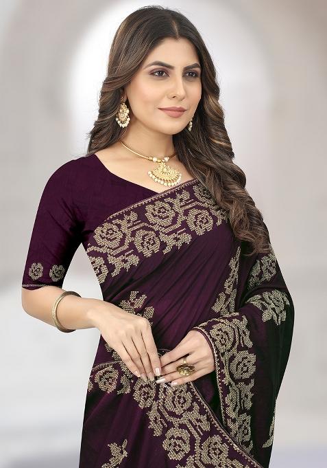 Wine Embroidered Vichitra Silk Saree Set
