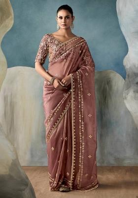 Brown Embroidered Satin Saree Set