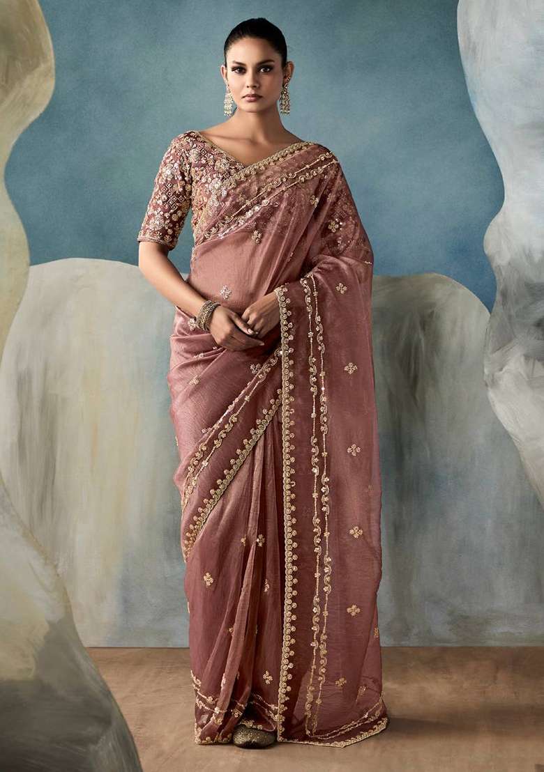 Brown Embroidered Satin Saree Set - Indya