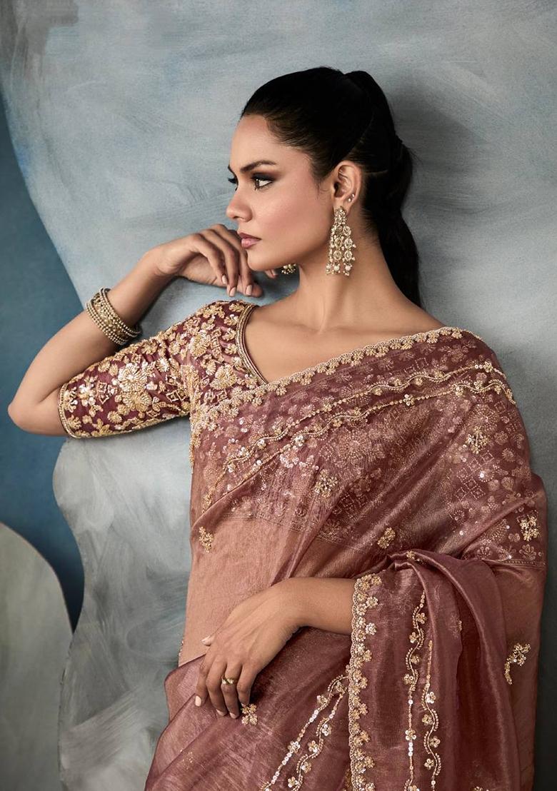 Brown Embroidered Satin Saree Set - Indya