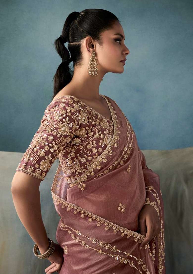 Brown Embroidered Satin Saree Set - Indya