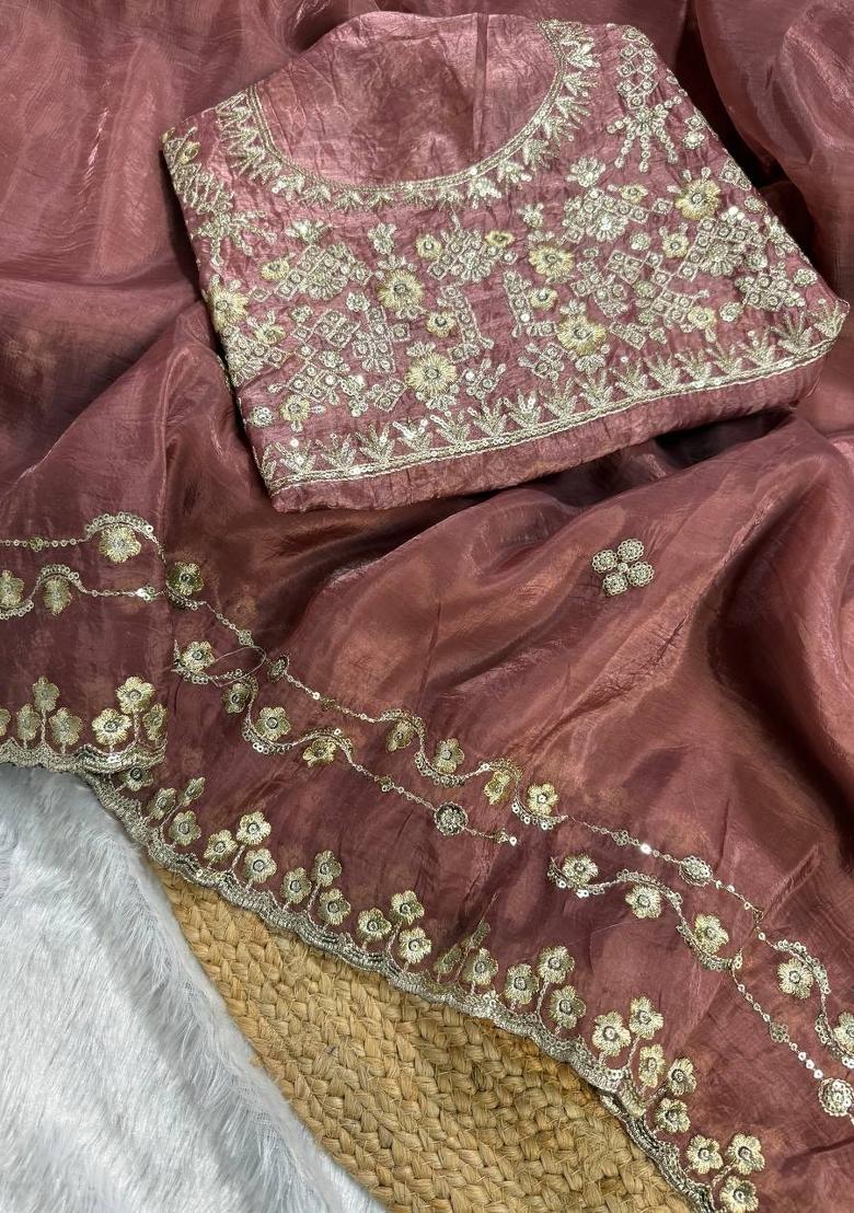 Brown Embroidered Satin Saree Set - Indya