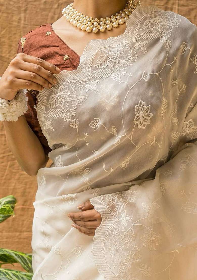 White Embroidered Organza Saree Set - Indya