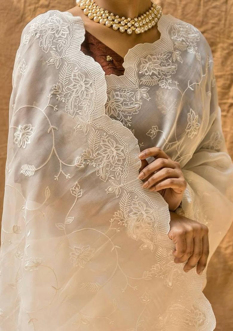 White Embroidered Organza Saree Set - Indya