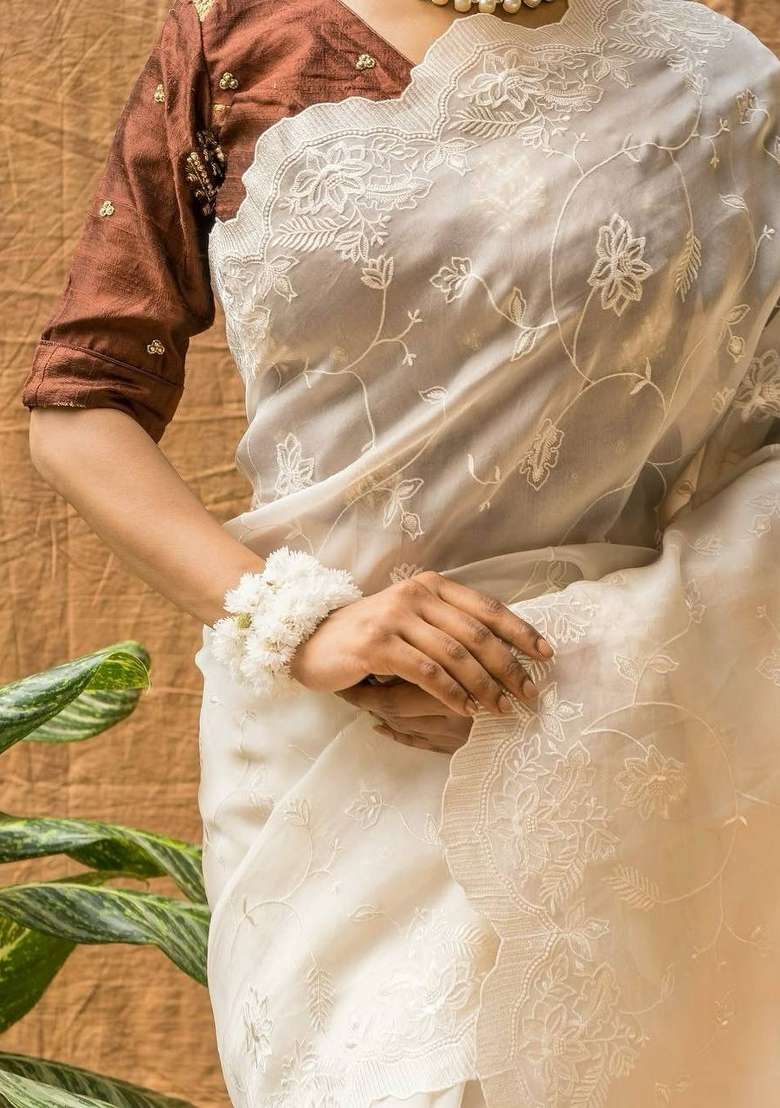 White Embroidered Organza Saree Set - Indya