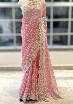Piku Pink Embroidered Silk Saree Set