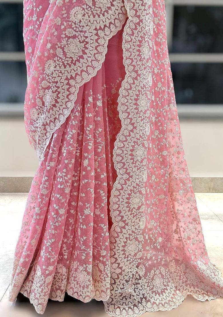Piku Pink Embroidered Silk Saree Set - Indya