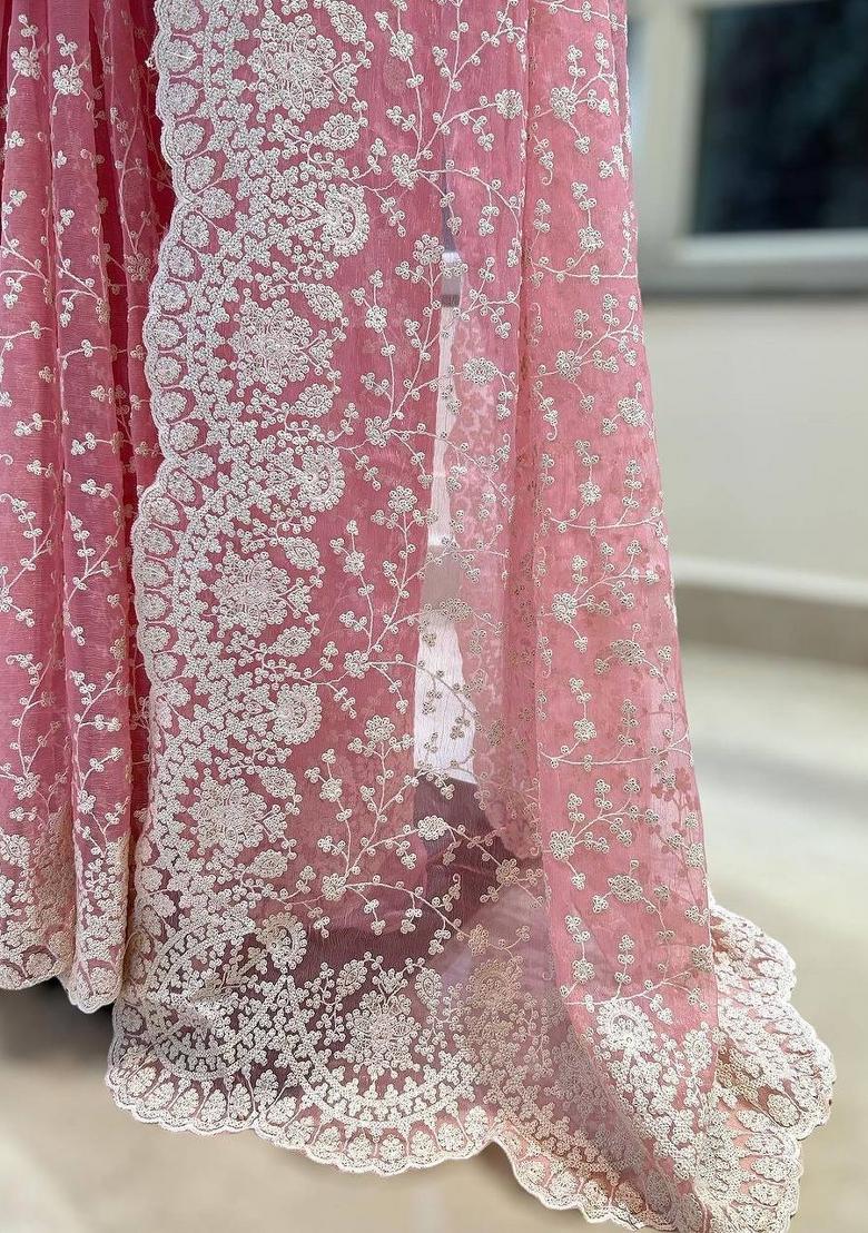 Piku Pink Embroidered Silk Saree Set - Indya
