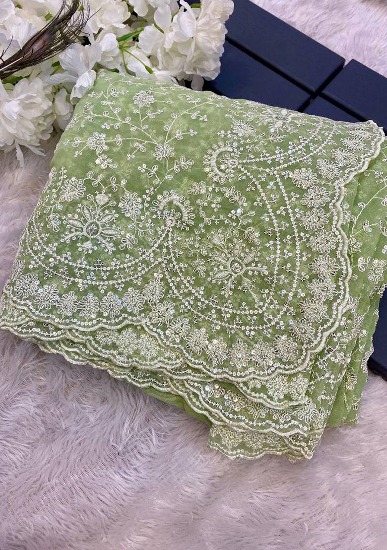 Pastel Green Embroidered Silk Saree Set - Indya