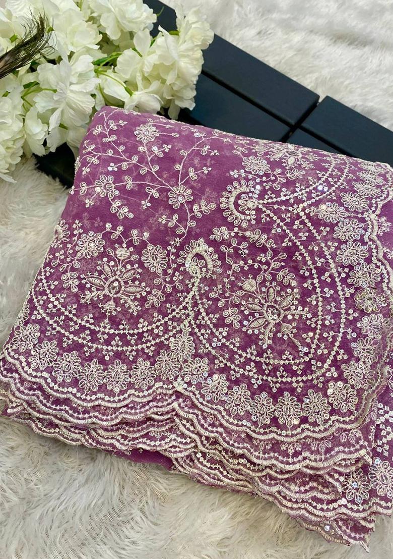 Lavender Purple Embroidered Silk Saree Set - Indya