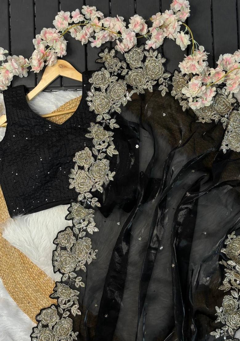 Black Embroidered Jimicho Saree Set - Indya