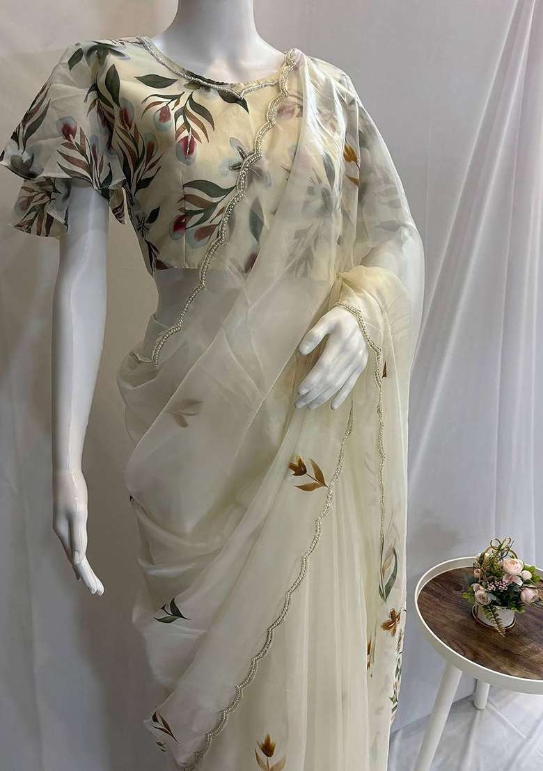 White Embroidered Organza Saree Set - Indya