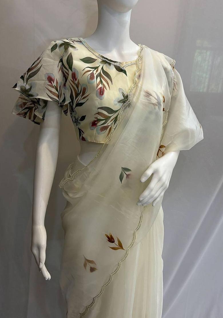 White Embroidered Organza Saree Set - Indya