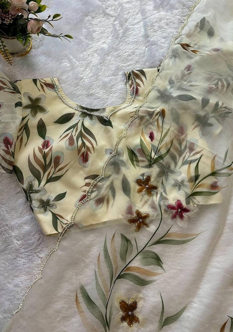 White Embroidered Organza Saree Set - Indya