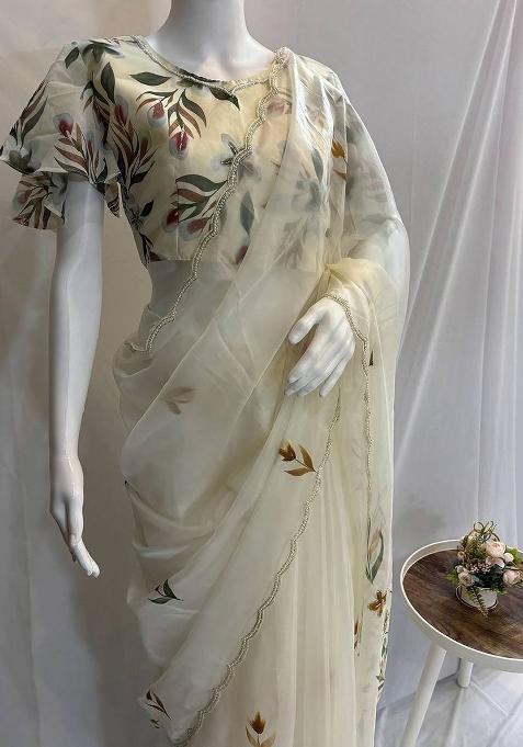 White Embroidered Organza Saree Set