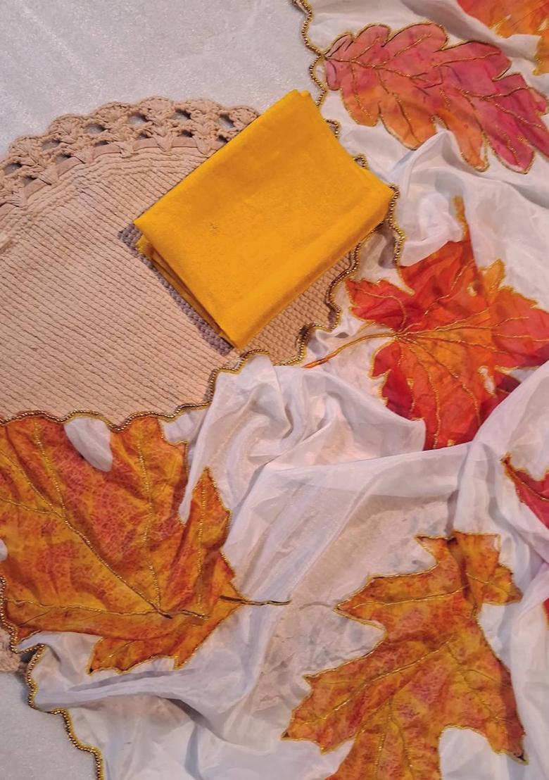 White Embroidered Silk Saree Set - Indya