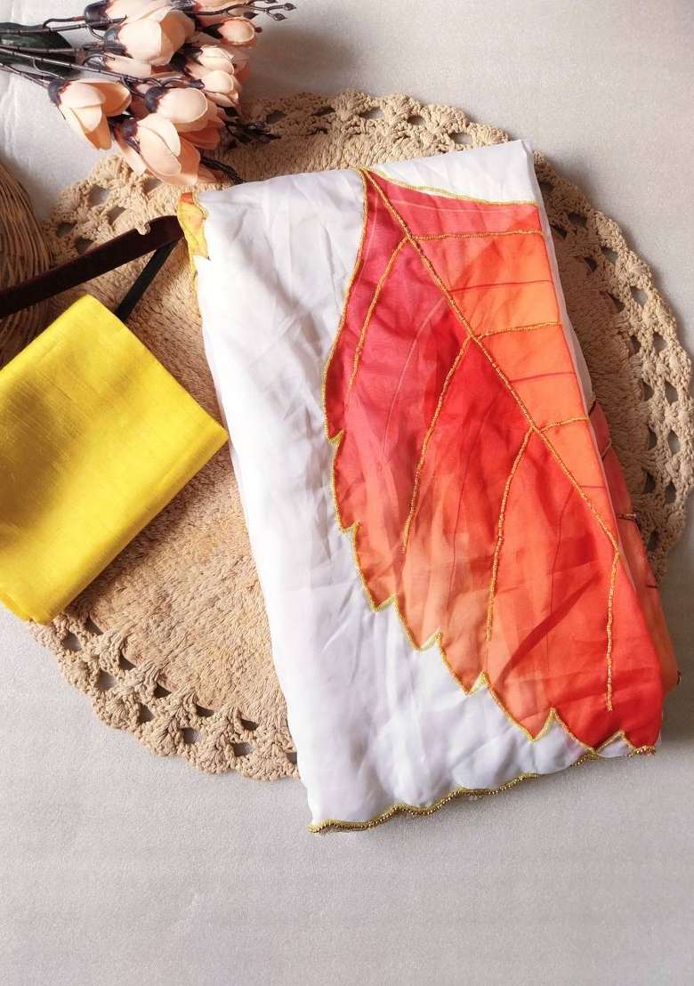 White Embroidered Silk Saree Set - Indya