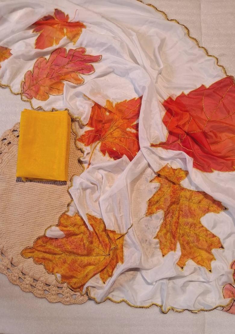 White Embroidered Silk Saree Set - Indya