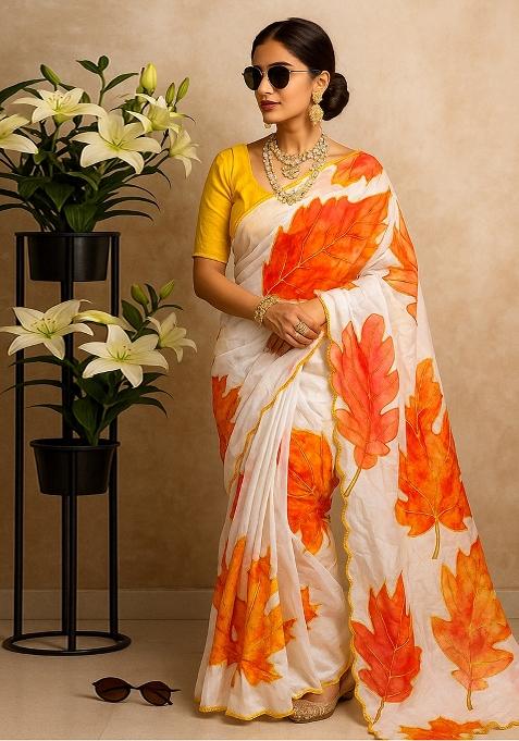 White Embroidered Silk Saree Set