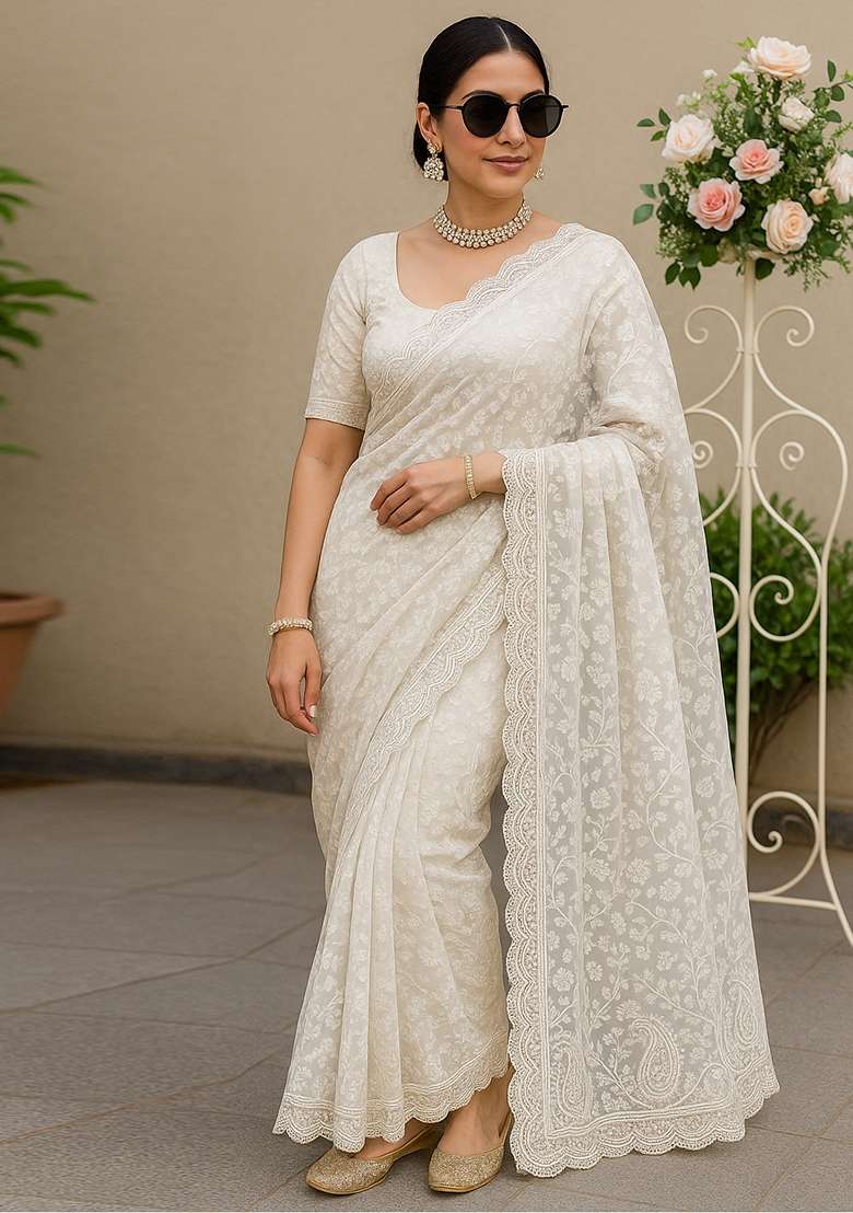 White Embroidered Silk Saree Set - Indya