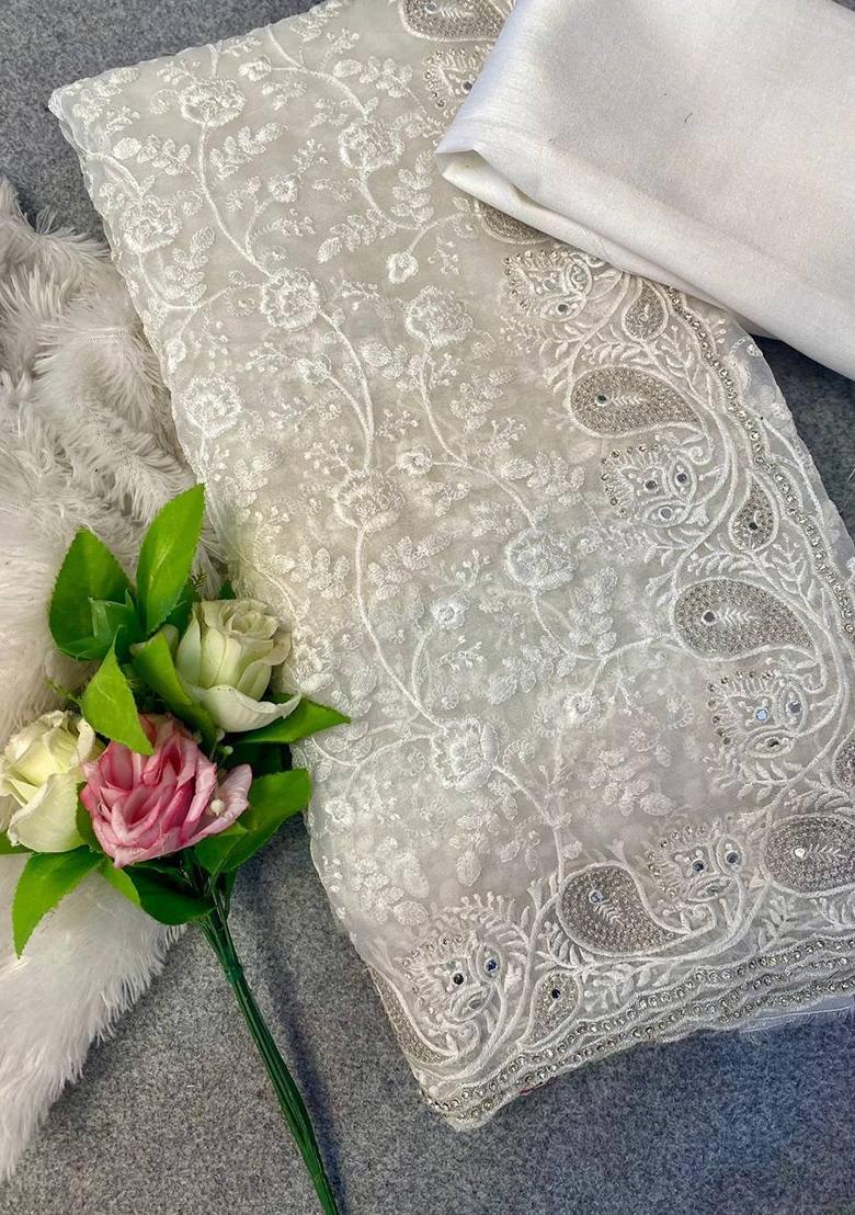 White Embroidered Silk Saree Set - Indya