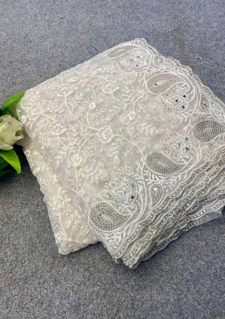 White Embroidered Silk Saree Set - Indya