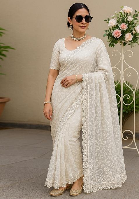 White Embroidered Silk Saree Set
