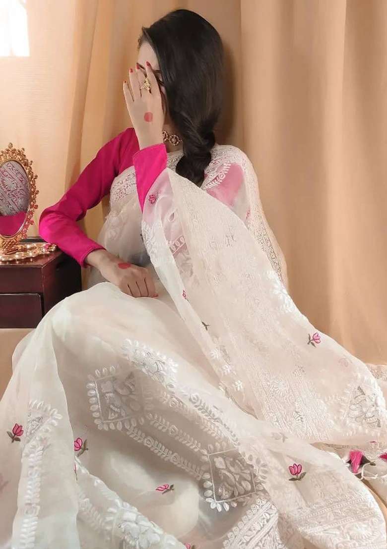 Off White Embroidered Silk Saree Set - Indya